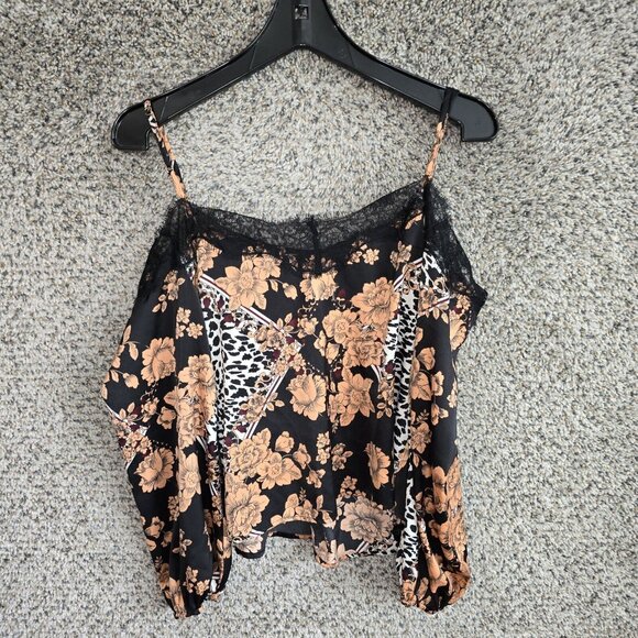 Guess Top Womens Small Black Floral Print Blouse Cold Shoulder Lace Trim Ladies‎ - Picture 8 of 8